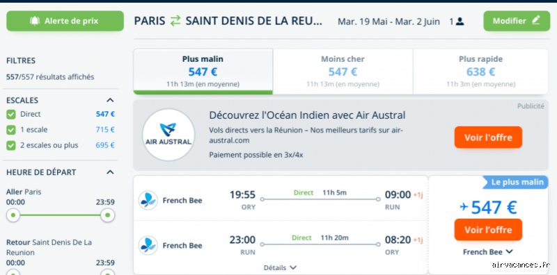 Quel est le prix d'un billet d'avion pour aller à l'île de La Réunion ?